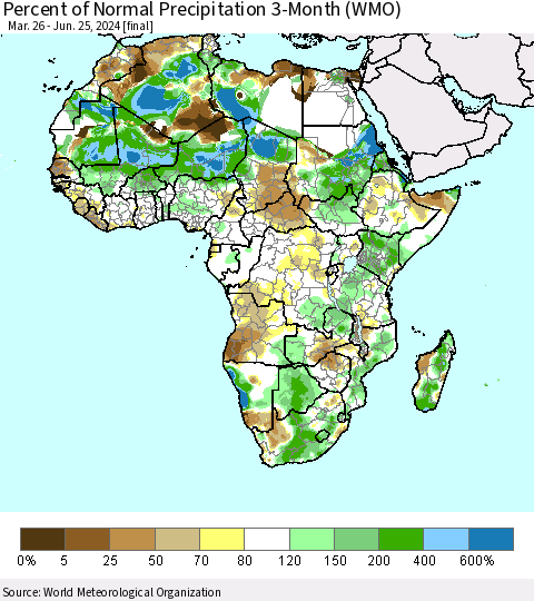 Africa Percent of Normal Precipitation 3-Month (WMO) Thematic Map For 3/26/2024 - 6/25/2024