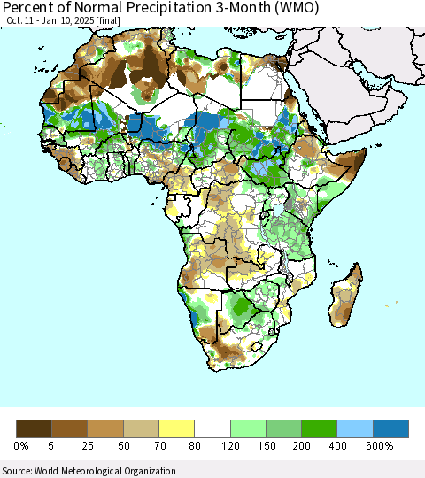 Africa Percent of Normal Precipitation 3-Month (WMO) Thematic Map For 10/11/2024 - 1/10/2025