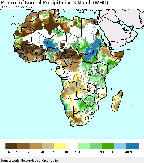 Africa Percent of Normal Precipitation 3-Month (WMO) Thematic Map For 10/26/2024 - 1/25/2025