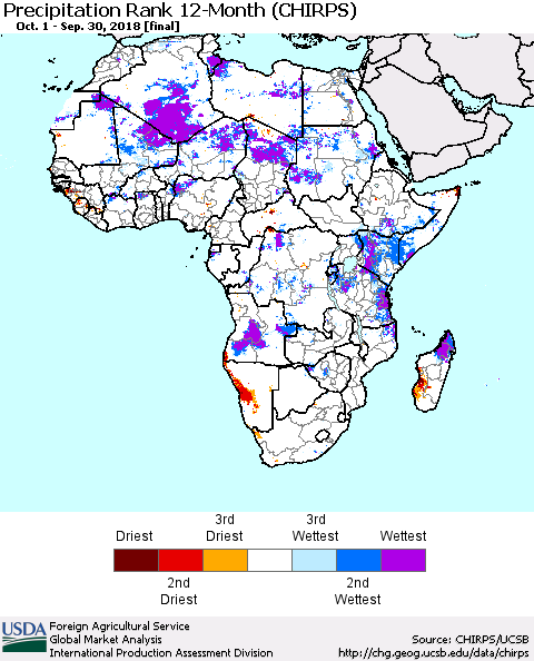 Africa Precipitation Rank since 1981, 12-Month (CHIRPS) Thematic Map For 10/1/2017 - 9/30/2018