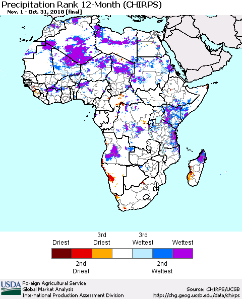 Africa Precipitation Rank since 1981, 12-Month (CHIRPS) Thematic Map For 11/1/2017 - 10/31/2018