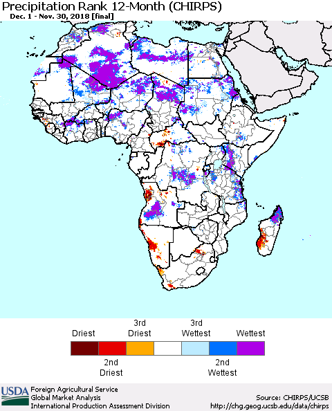 Africa Precipitation Rank since 1981, 12-Month (CHIRPS) Thematic Map For 12/1/2017 - 11/30/2018