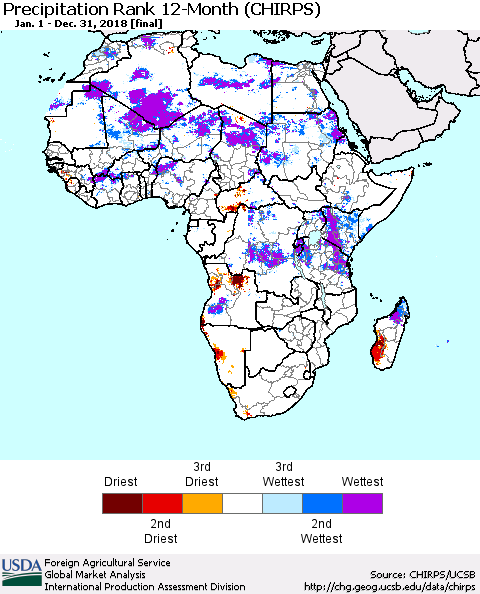 Africa Precipitation Rank since 1981, 12-Month (CHIRPS) Thematic Map For 1/1/2018 - 12/31/2018