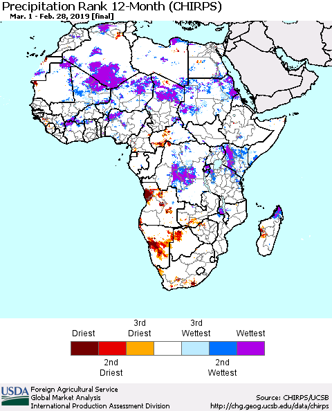 Africa Precipitation Rank since 1981, 12-Month (CHIRPS) Thematic Map For 3/1/2018 - 2/28/2019