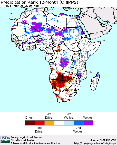 Africa Precipitation Rank since 1981, 12-Month (CHIRPS) Thematic Map For 4/1/2018 - 3/31/2019