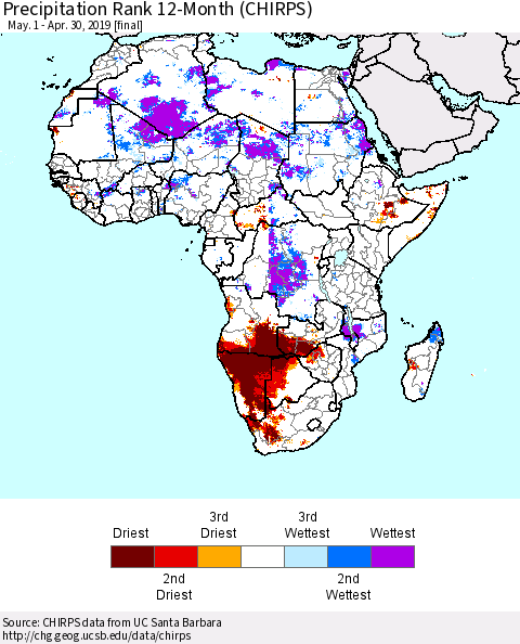 Africa Precipitation Rank since 1981, 12-Month (CHIRPS) Thematic Map For 5/1/2018 - 4/30/2019