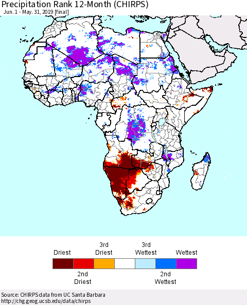 Africa Precipitation Rank since 1981, 12-Month (CHIRPS) Thematic Map For 6/1/2018 - 5/31/2019
