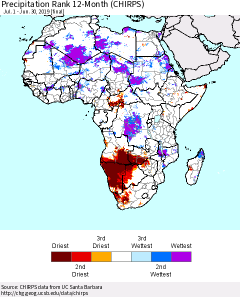 Africa Precipitation Rank since 1981, 12-Month (CHIRPS) Thematic Map For 7/1/2018 - 6/30/2019