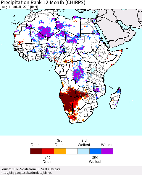 Africa Precipitation Rank since 1981, 12-Month (CHIRPS) Thematic Map For 8/1/2018 - 7/31/2019