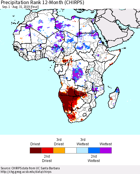 Africa Precipitation Rank since 1981, 12-Month (CHIRPS) Thematic Map For 9/1/2018 - 8/31/2019