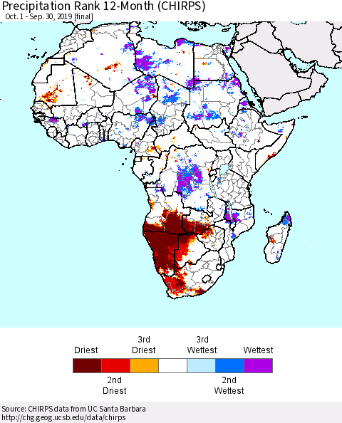 Africa Precipitation Rank since 1981, 12-Month (CHIRPS) Thematic Map For 10/1/2018 - 9/30/2019