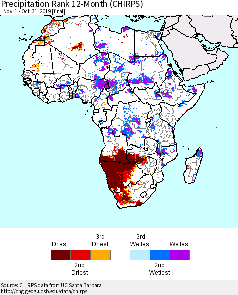 Africa Precipitation Rank since 1981, 12-Month (CHIRPS) Thematic Map For 11/1/2018 - 10/31/2019