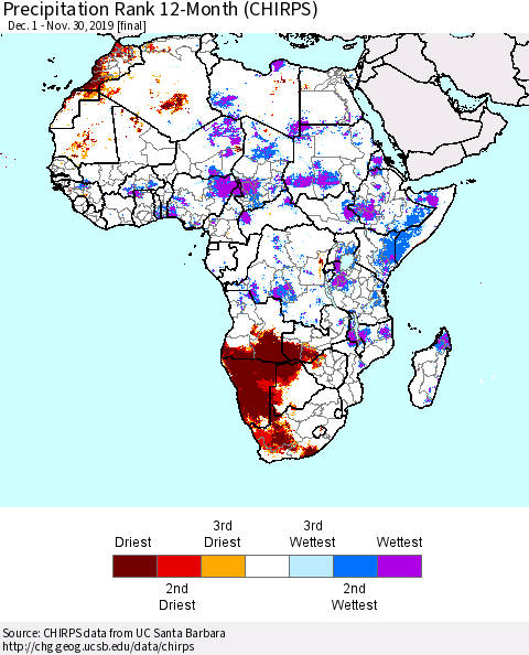 Africa Precipitation Rank since 1981, 12-Month (CHIRPS) Thematic Map For 12/1/2018 - 11/30/2019
