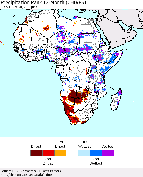 Africa Precipitation Rank since 1981, 12-Month (CHIRPS) Thematic Map For 1/1/2019 - 12/31/2019