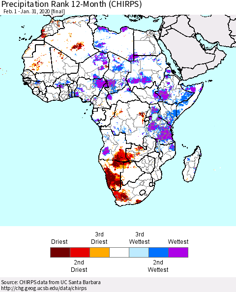 Africa Precipitation Rank since 1981, 12-Month (CHIRPS) Thematic Map For 2/1/2019 - 1/31/2020