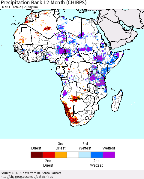 Africa Precipitation Rank since 1981, 12-Month (CHIRPS) Thematic Map For 3/1/2019 - 2/29/2020