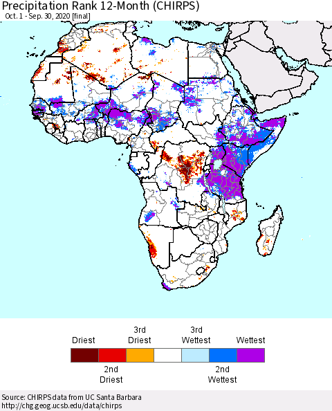Africa Precipitation Rank since 1981, 12-Month (CHIRPS) Thematic Map For 10/1/2019 - 9/30/2020