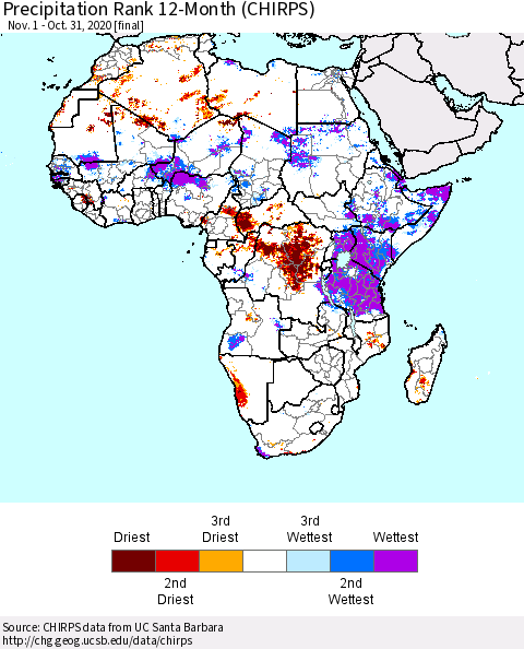 Africa Precipitation Rank since 1981, 12-Month (CHIRPS) Thematic Map For 11/1/2019 - 10/31/2020