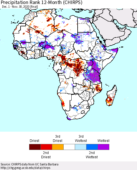 Africa Precipitation Rank since 1981, 12-Month (CHIRPS) Thematic Map For 12/1/2019 - 11/30/2020