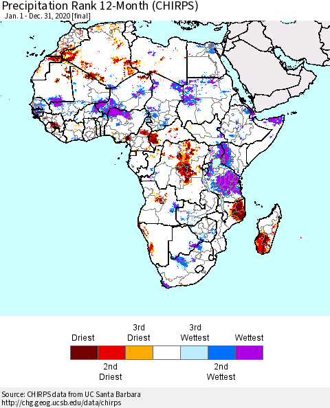 Africa Precipitation Rank since 1981, 12-Month (CHIRPS) Thematic Map For 1/1/2020 - 12/31/2020