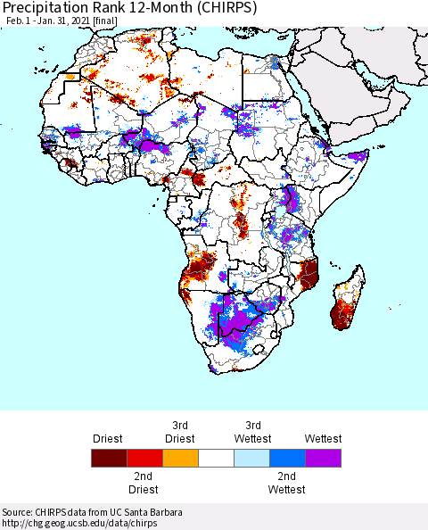 Africa Precipitation Rank since 1981, 12-Month (CHIRPS) Thematic Map For 2/1/2020 - 1/31/2021