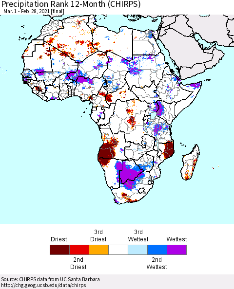 Africa Precipitation Rank 12-Month (CHIRPS) Thematic Map For 3/1/2020 - 2/28/2021
