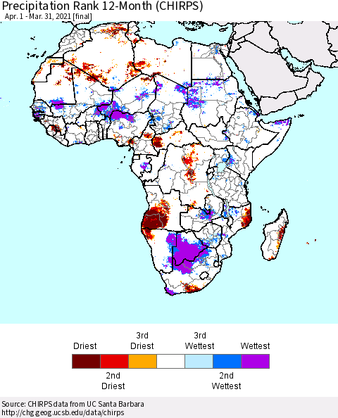 Africa Precipitation Rank since 1981, 12-Month (CHIRPS) Thematic Map For 4/1/2020 - 3/31/2021