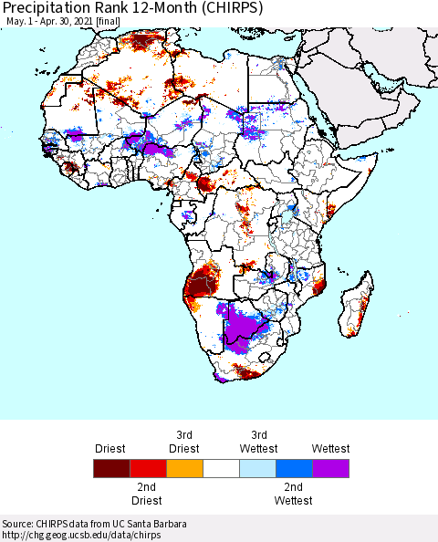 Africa Precipitation Rank since 1981, 12-Month (CHIRPS) Thematic Map For 5/1/2020 - 4/30/2021
