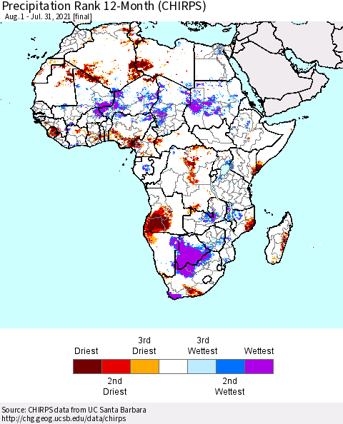 Africa Precipitation Rank 12-Month (CHIRPS) Thematic Map For 8/1/2020 - 7/31/2021