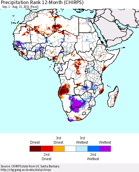 Africa Precipitation Rank 12-Month (CHIRPS) Thematic Map For 9/1/2020 - 8/31/2021