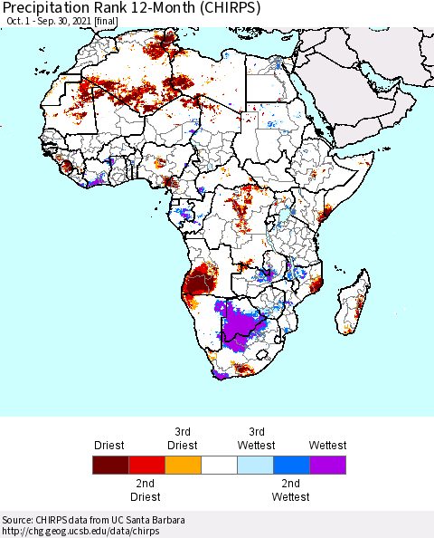 Africa Precipitation Rank 12-Month (CHIRPS) Thematic Map For 10/1/2020 - 9/30/2021
