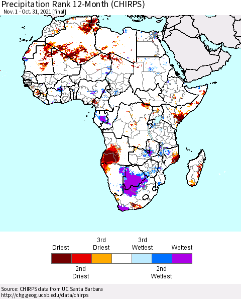 Africa Precipitation Rank 12-Month (CHIRPS) Thematic Map For 11/1/2020 - 10/31/2021