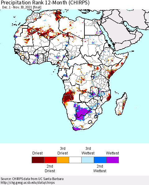 Africa Precipitation Rank 12-Month (CHIRPS) Thematic Map For 12/1/2020 - 11/30/2021