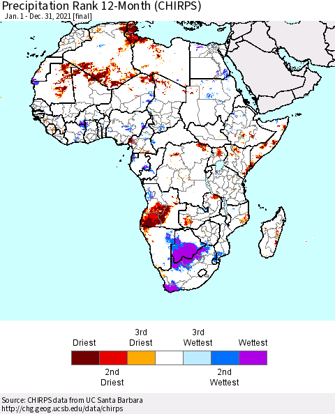 Africa Precipitation Rank 12-Month (CHIRPS) Thematic Map For 1/1/2021 - 12/31/2021