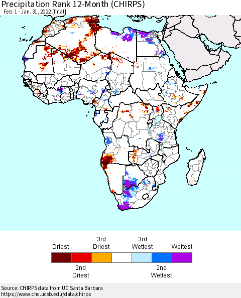 Africa Precipitation Rank since 1981, 12-Month (CHIRPS) Thematic Map For 2/1/2021 - 1/31/2022