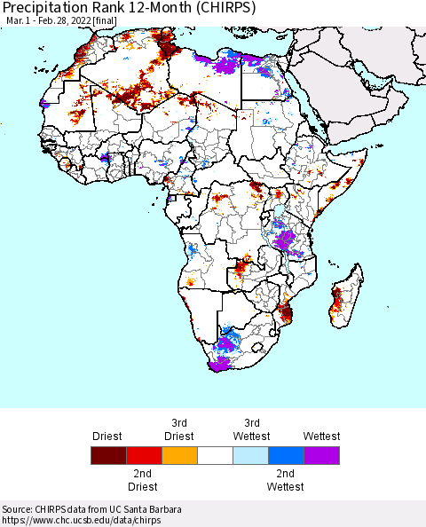 Africa Precipitation Rank 12-Month (CHIRPS) Thematic Map For 3/1/2021 - 2/28/2022