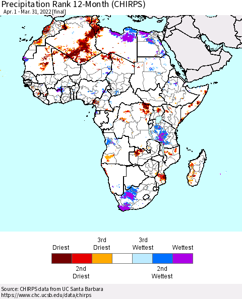 Africa Precipitation Rank 12-Month (CHIRPS) Thematic Map For 4/1/2021 - 3/31/2022