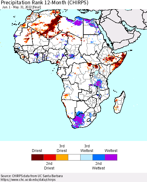 Africa Precipitation Rank 12-Month (CHIRPS) Thematic Map For 6/1/2021 - 5/31/2022