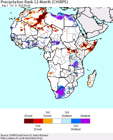 Africa Precipitation Rank 12-Month (CHIRPS) Thematic Map For 8/1/2021 - 7/31/2022