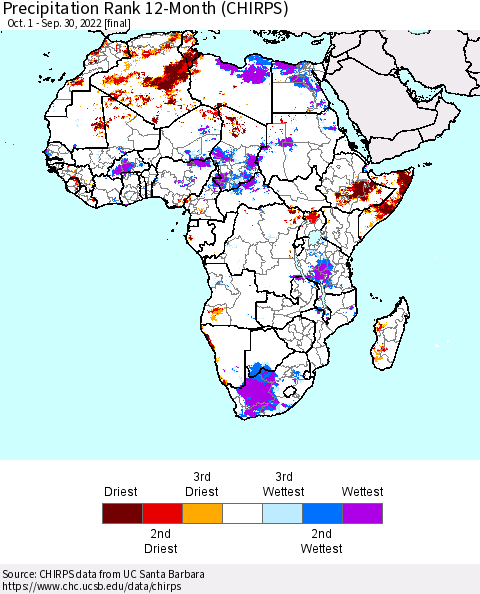 Africa Precipitation Rank 12-Month (CHIRPS) Thematic Map For 10/1/2021 - 9/30/2022