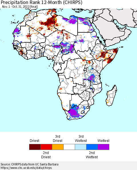 Africa Precipitation Rank 12-Month (CHIRPS) Thematic Map For 11/1/2021 - 10/31/2022