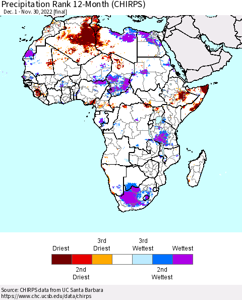 Africa Precipitation Rank 12-Month (CHIRPS) Thematic Map For 12/1/2021 - 11/30/2022