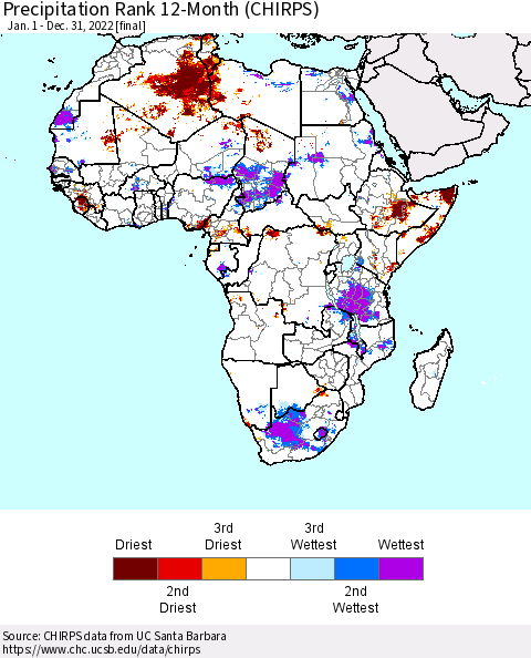 Africa Precipitation Rank 12-Month (CHIRPS) Thematic Map For 1/1/2022 - 12/31/2022