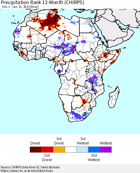 Africa Precipitation Rank 12-Month (CHIRPS) Thematic Map For 2/1/2022 - 1/31/2023