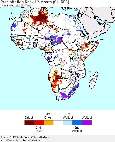 Africa Precipitation Rank 12-Month (CHIRPS) Thematic Map For 3/1/2022 - 2/28/2023