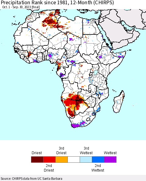 Africa Precipitation Rank since 1981, 12-Month (CHIRPS) Thematic Map For 10/1/2022 - 9/30/2023