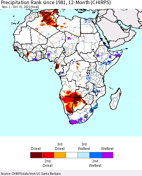 Africa Precipitation Rank since 1981, 12-Month (CHIRPS) Thematic Map For 11/1/2022 - 10/31/2023