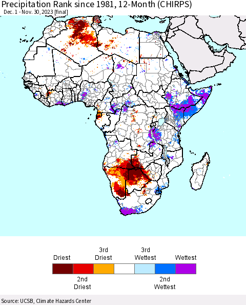 Africa Precipitation Rank since 1981, 12-Month (CHIRPS) Thematic Map For 12/1/2022 - 11/30/2023