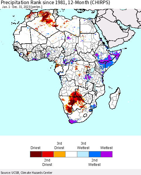 Africa Precipitation Rank since 1981, 12-Month (CHIRPS) Thematic Map For 1/1/2023 - 12/31/2023
