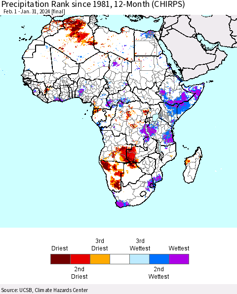 Africa Precipitation Rank since 1981, 12-Month (CHIRPS) Thematic Map For 2/1/2023 - 1/31/2024